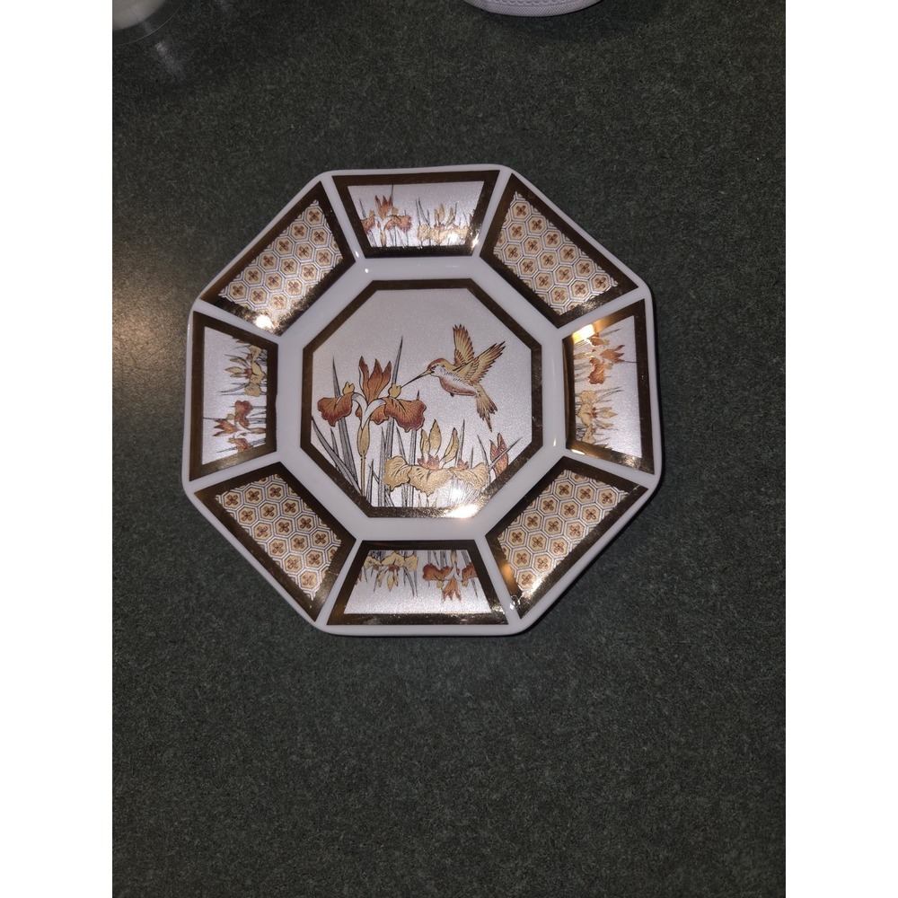 PAPITTON VERITABLE PORCELAINE OCTAGONAL FLORAL HUMMINGBIRD PLATE 6.25"